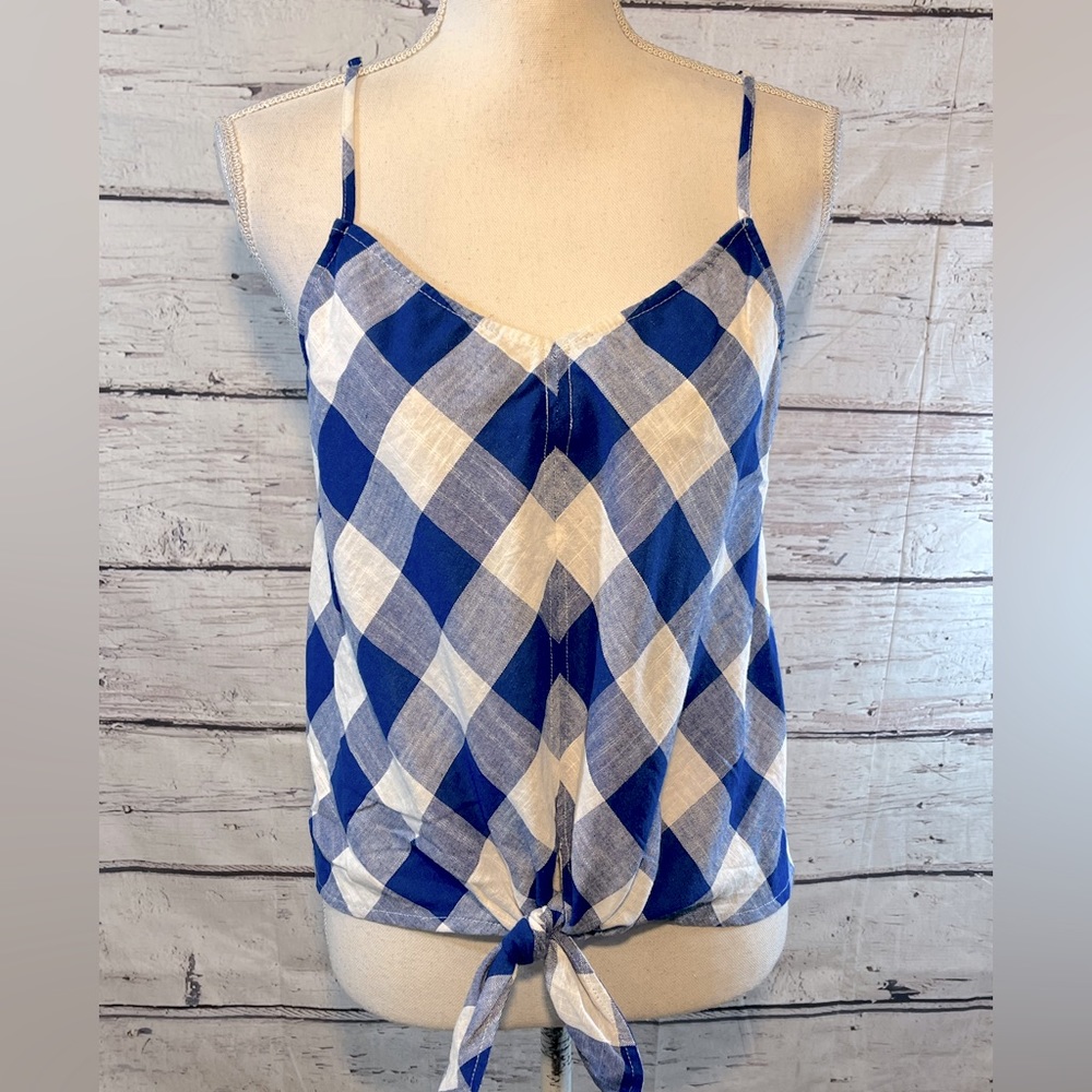 EYELASH COUTURE Tie Bottom Cami Top Cabin Check Blue/White-(M and XL)